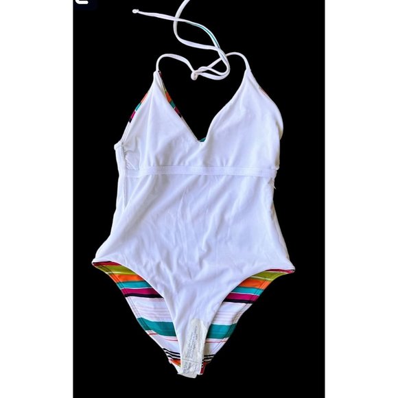 LOFT Beach Swimsuit Size 4 Striped One Piece Halter Shelf Bra V Neck New… - Picture 8 of 12